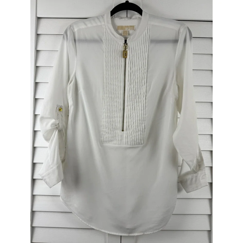 Michael‎ Kors Pleated Zip Front Blouse Womens S White Roll Tab Sleeve